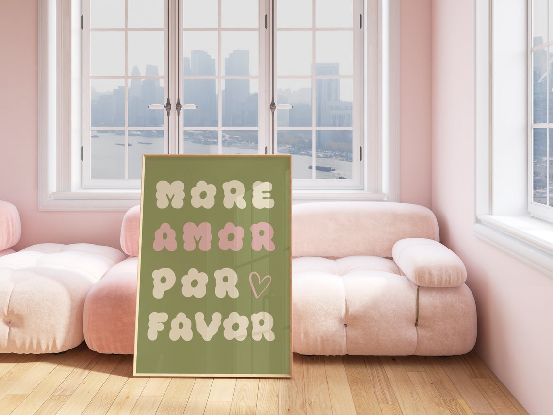 More Amor Por Favor Sage Green Retro Bubble Letter Love Wall Poster - Image 3