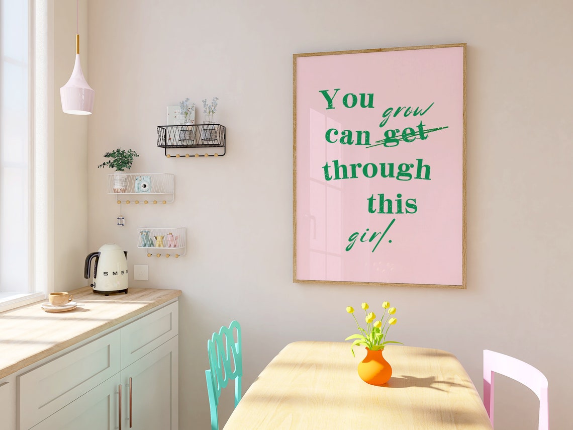 You Grow Through This Girl Green Self Love Quote Pink Art Poster - Image 2