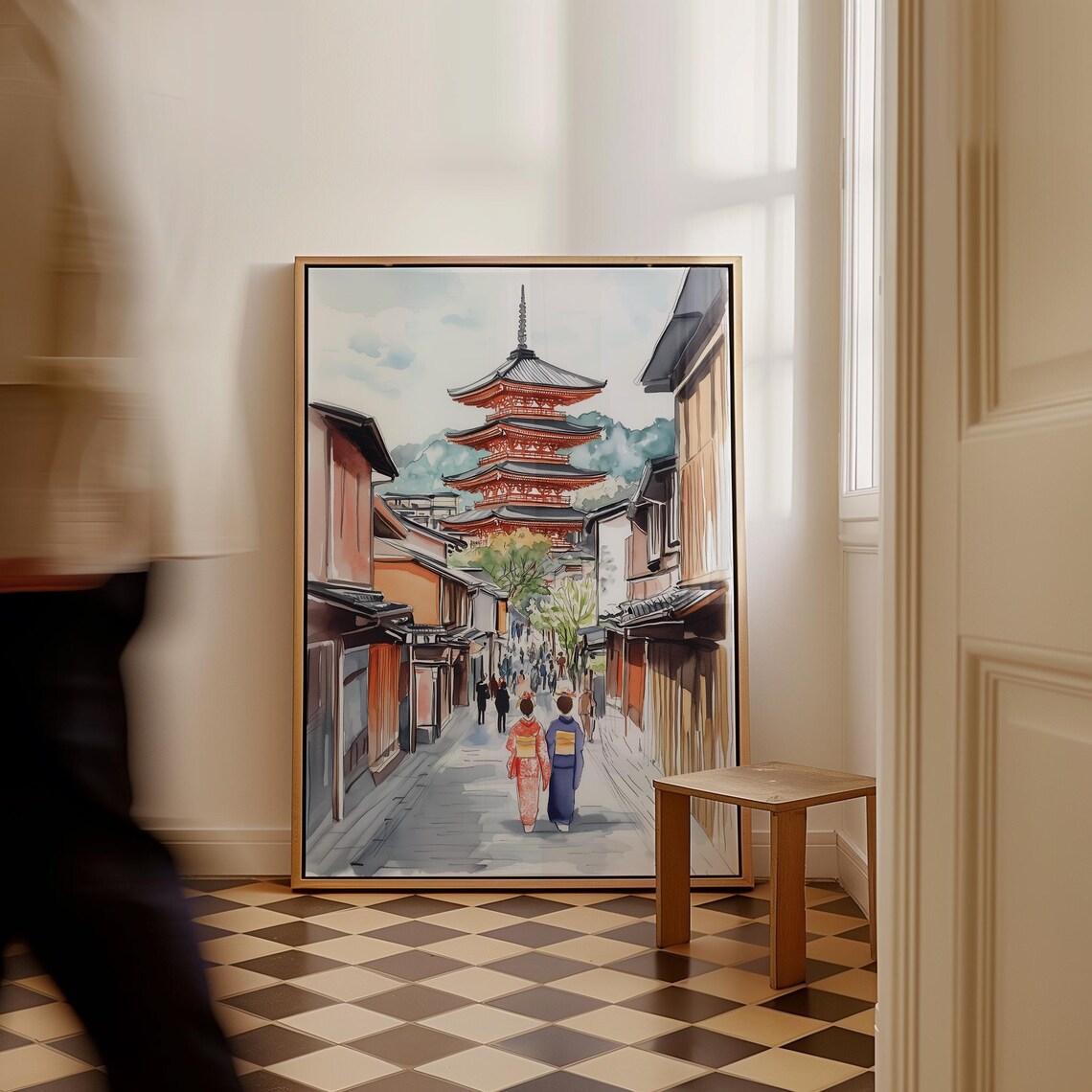 Kyoto Japan Yasaka Pagoda Kimono Street Scene Watercolor Poster - Image 3