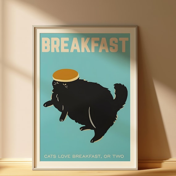 Breakfast Black Cat With Pancake On Head Funny Kitchen Poster
