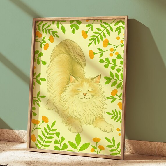 Stretching Long Haired Cream Cat Botanical Flower Art Poster