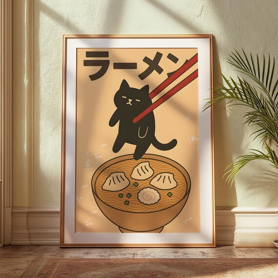 Dumpling Black Cat Ramen Bowl Chopsticks Funny Japanese Food Poster