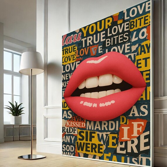 True Love Bites Bold Red Lips Pop Art Torn Paper Collage Poster
