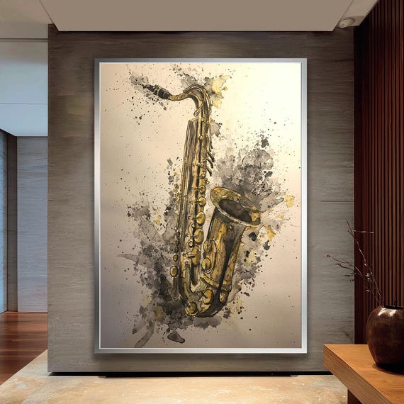 Abstract Saxophone Wall Art Jazz Music Canvas Print Modern Watercolor Sax Painting Musician Gift Living Room Home Decor