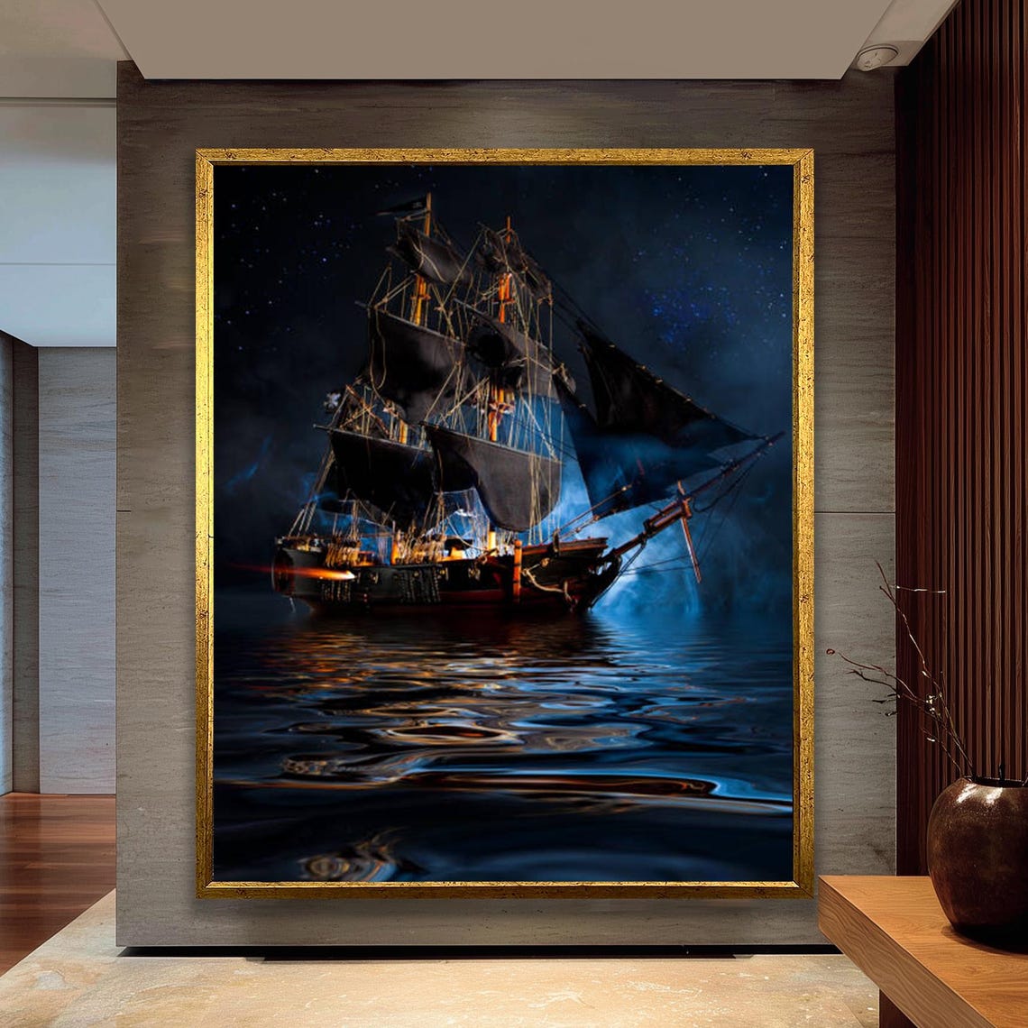Pirate Ship With Black Sails Drifting on Moonlit Night Ocean Poster