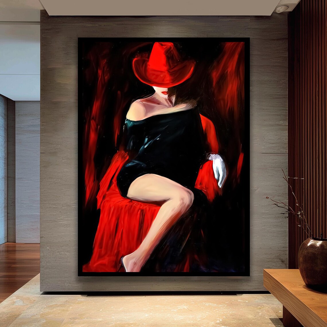 Elegant Woman In Red Hat And Black Dress Seated Painting Poster