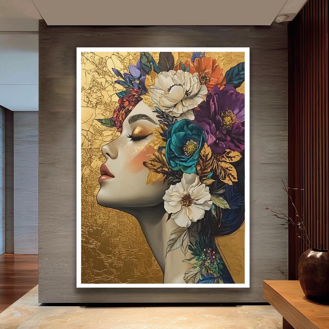 Woman Profile with Floral Crown Golden Textured Background Poster