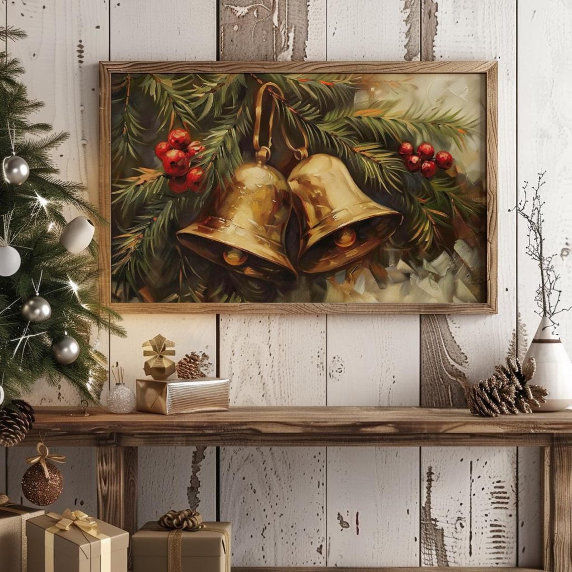 Brass Bells Vintage Christmas Print Christmas Jingle Bells Christmas Wall Art Winter Print Christmas Oil Painting Holiday Art 210 - Image 3