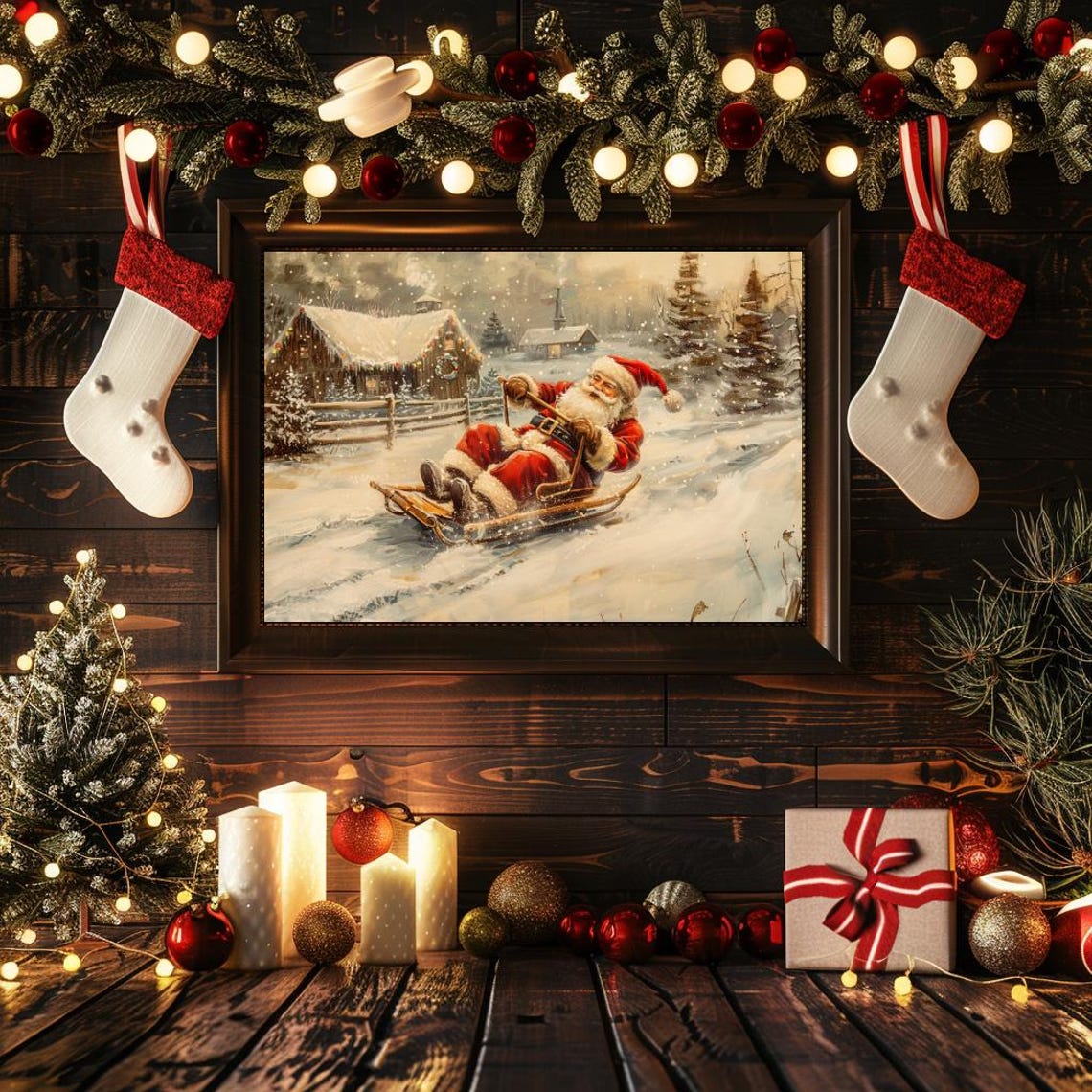 Santa Sledding Wall Art Toboggan Print Winter Oil Painting Holiday Farmhouse Decor Nordic Sled Santa Farm Print Christmas Decor - Image 2