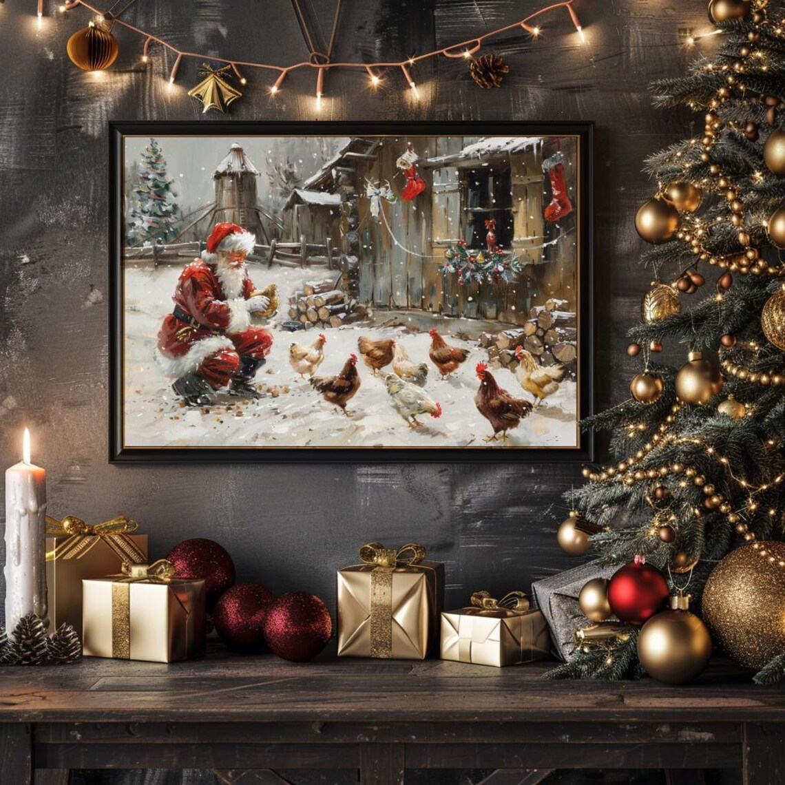 Santa Farm Print Santa Chickens Christmas Farm Art Cute Chicken Festive Animal Wall Art Holiday Farmhouse Decor 179 - Image 3