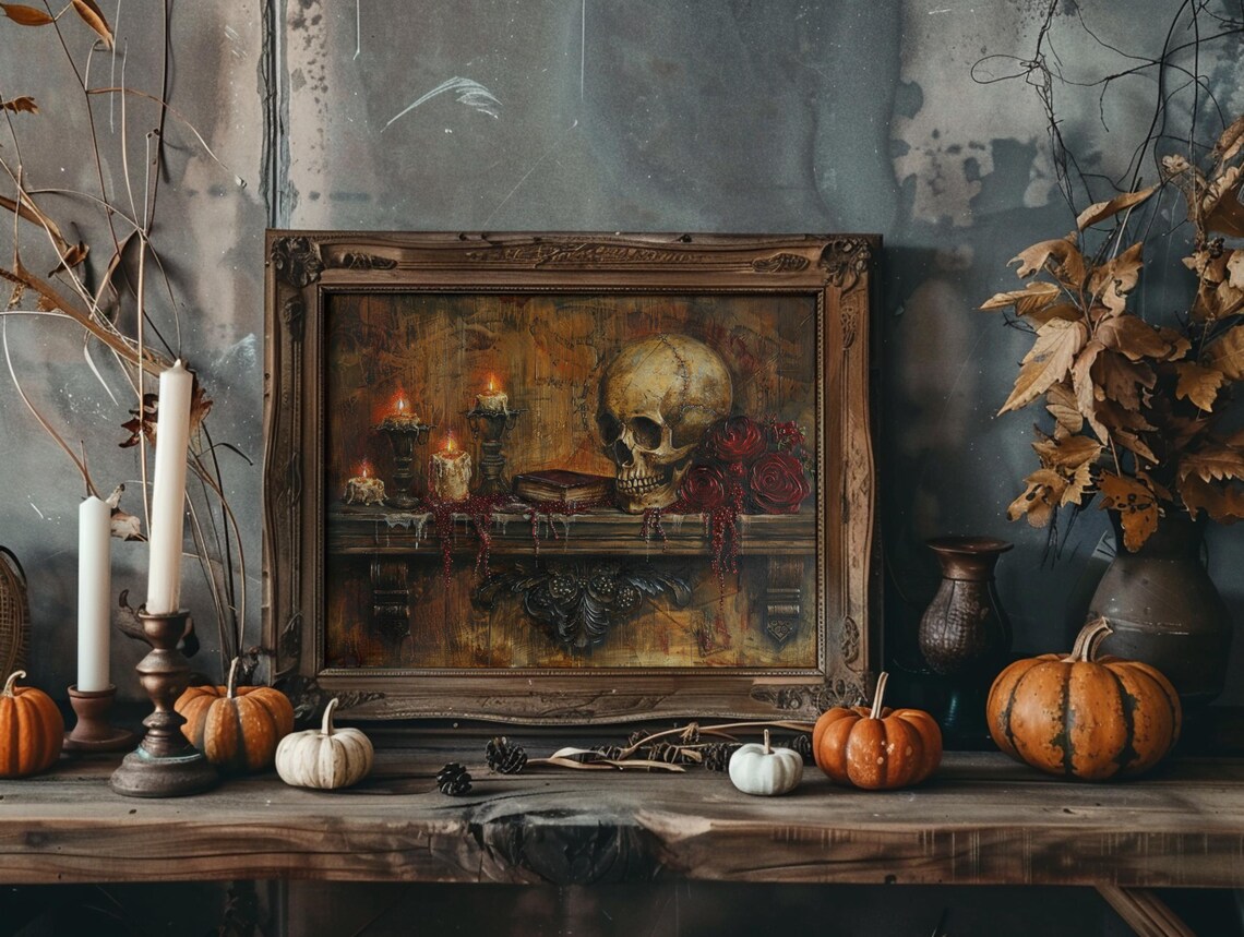 Gothic Skull Candlelit Mantel Dark Roses Memento Mori Moody Halloween Wall Art - Image 4