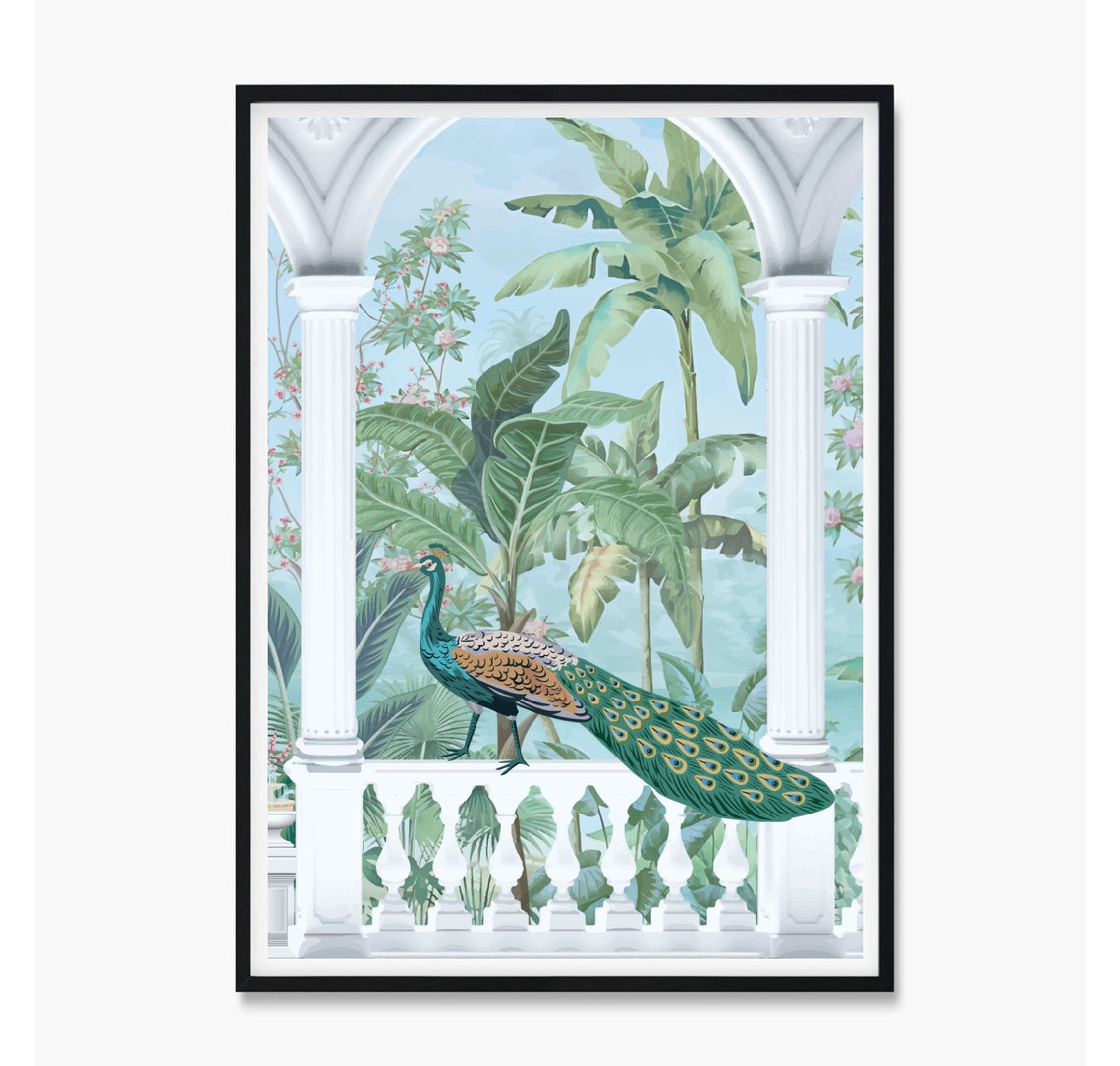 Peacock Mughal Indian Art Indian Folk Art Vintage Indian Art Indian Peacock Prints Indian Wall Art Indian Vintage Palace Palm Tree Art - Image 3