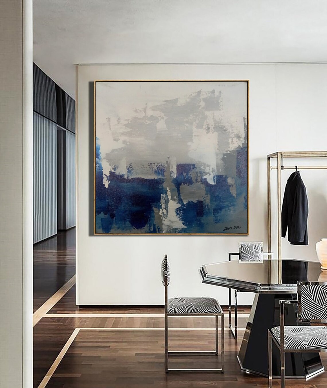 Blue Abstract Oil Painting, Gray Living Room Wall Art Print - Image 3