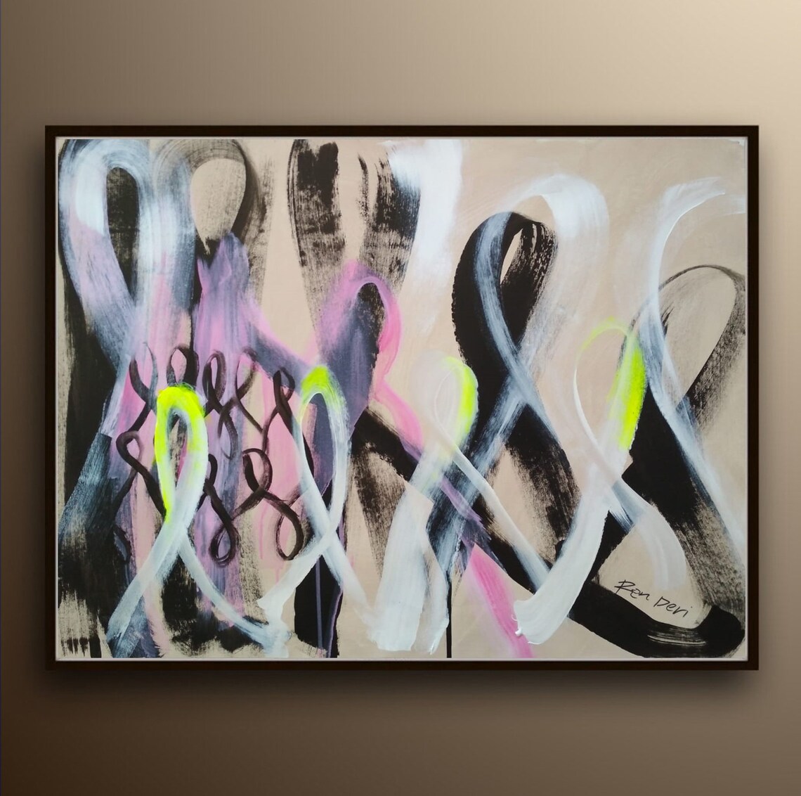 Pink Black And Neon Swirl Modern Abstract Painting By Ron Deri Poster