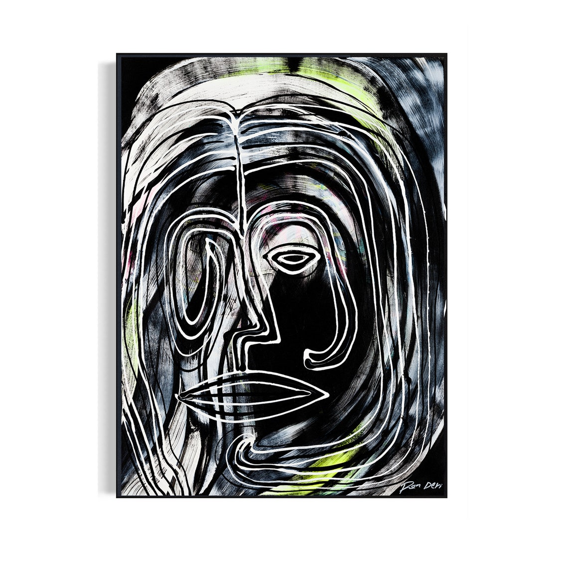 Black and White Line Face Green Accents Dramatic Abstract Poster - Image 3