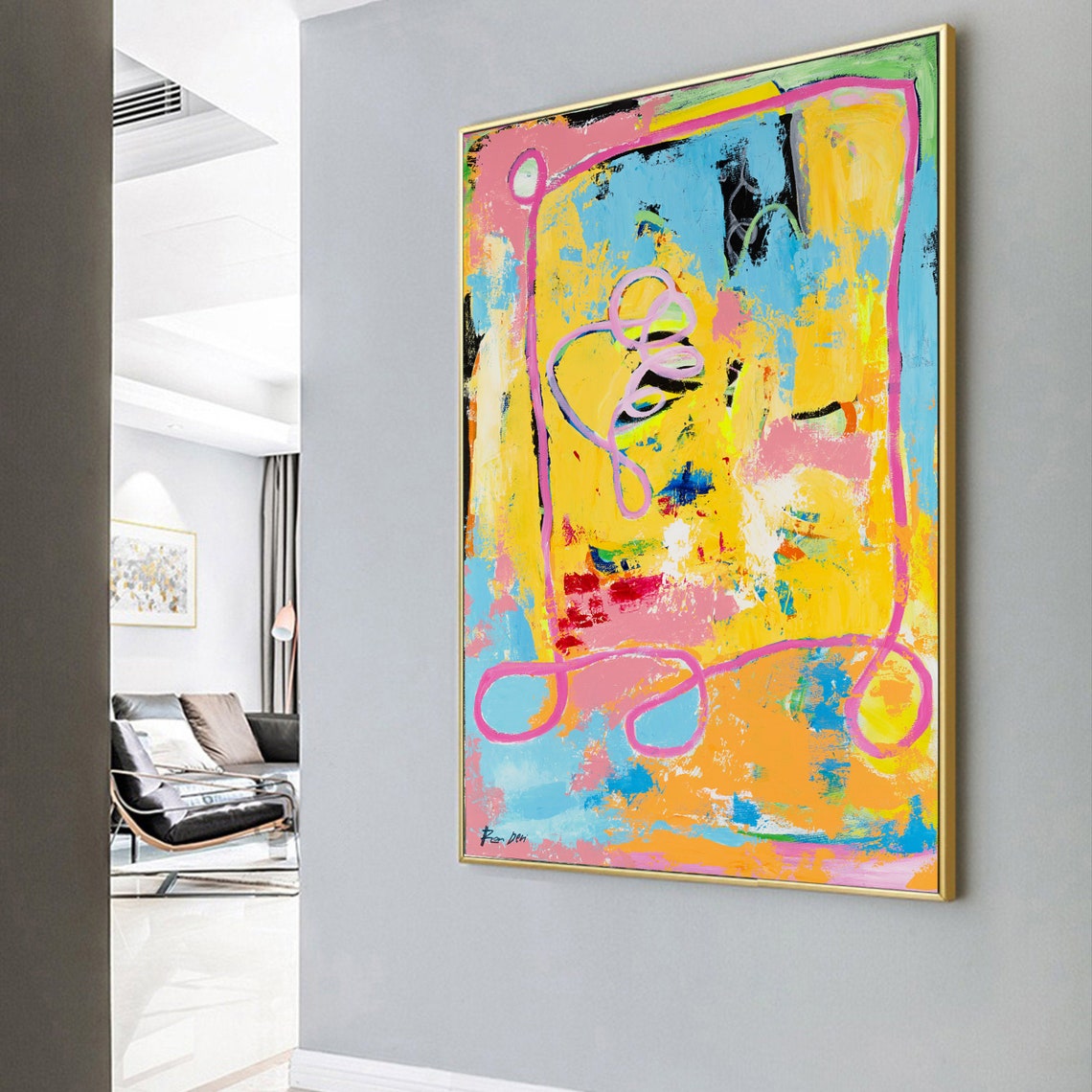 Unnamed Neon Yellow Pink Squiggle Playful Abstract Art Poster - Image 4