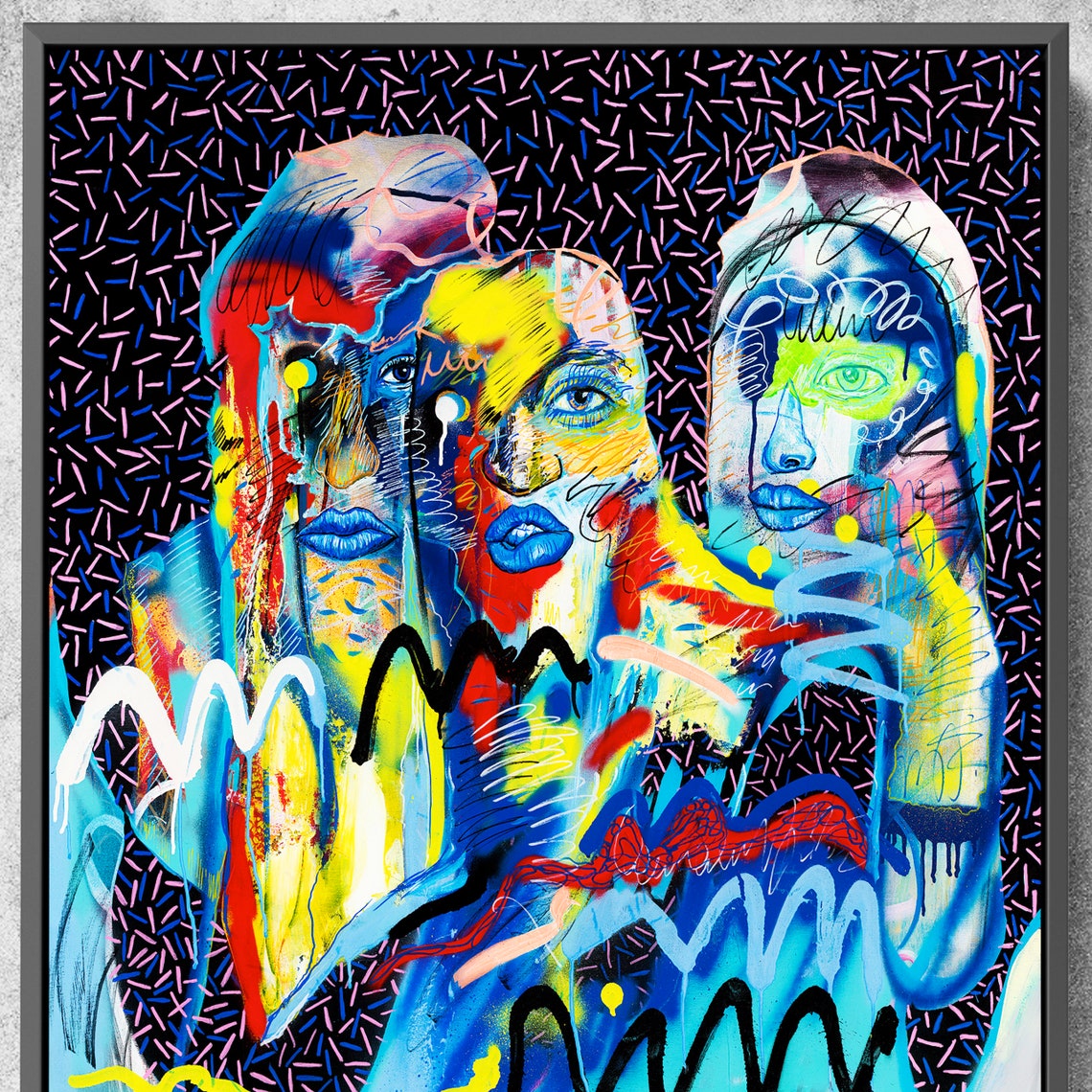 Three Colorful Pop Art Faces on Black Confetti Ground Poster - Image 2