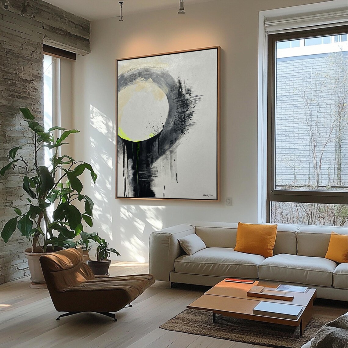 Black and White Enso Circle with Neon Yellow Accents Modern Poster - Image 5
