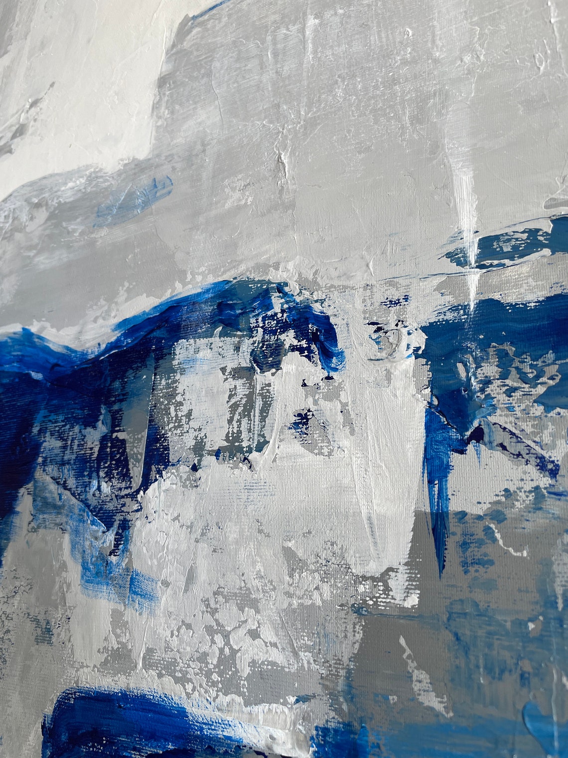 Blue White Textured Brushstroke Close-Up View Abstract Art Print