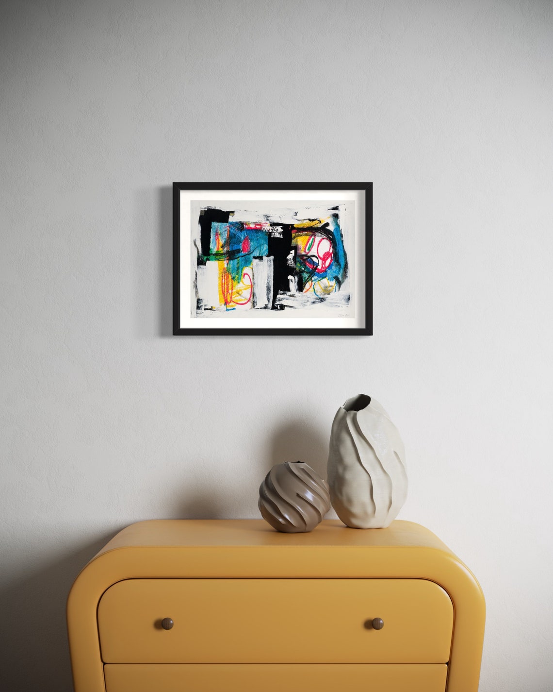 Bold Gestural Marks in Black White Blue and Yellow Abstract Poster - Image 2