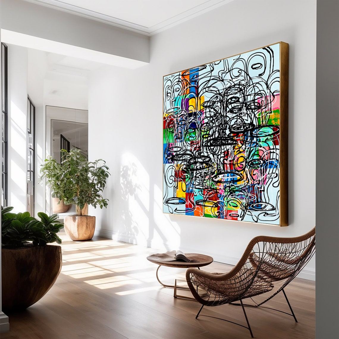Dense Black Scribble Faces Over Colorful Patchwork Modern Art Poster - Image 3