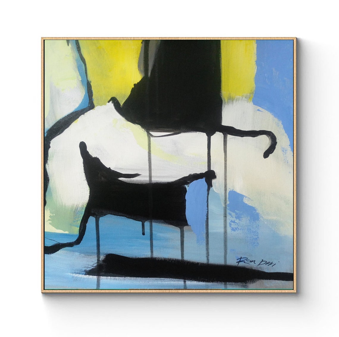 Bold Black Form Over Bright Blue Yellow Playful Abstract Art Print