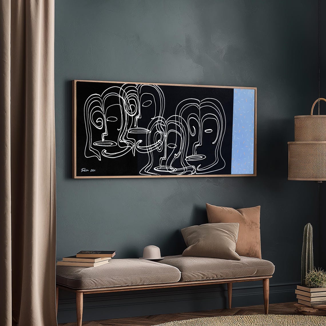 White Line Faces Black Wide Modern Abstract Gallery Style Poster - Image 5