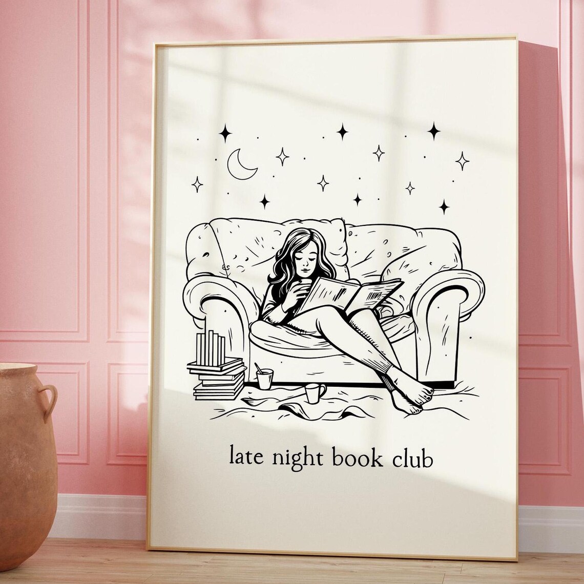 Late Night Book Club Line Art of Woman Reading on Sofa Poster - Image 5