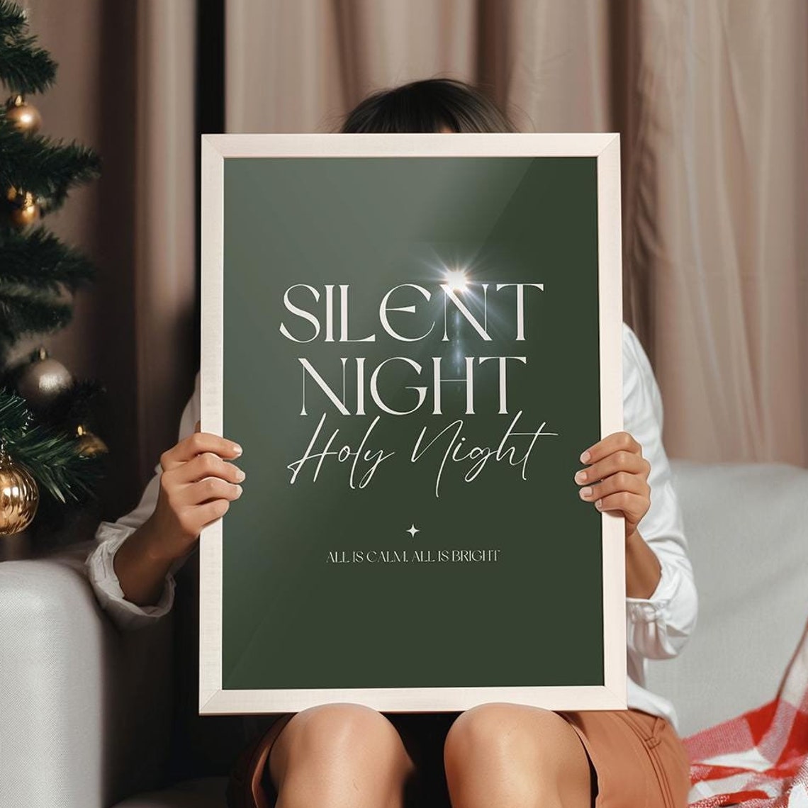 Silent Night Holy Night Lyrics Green Christmas Song Quote Poster