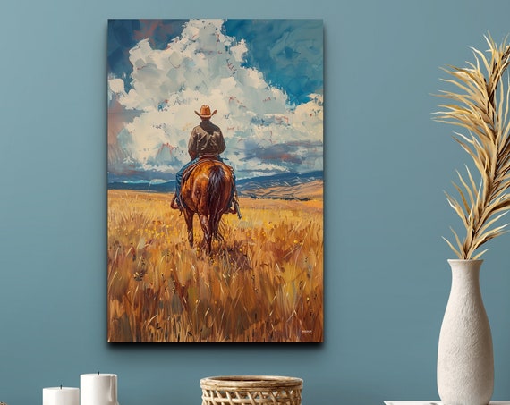 Cowboy Riding Into The Horizon Ready To Hang Wall Art Print Western Art Cowboy Art Home Decor Cowboy Art Prints