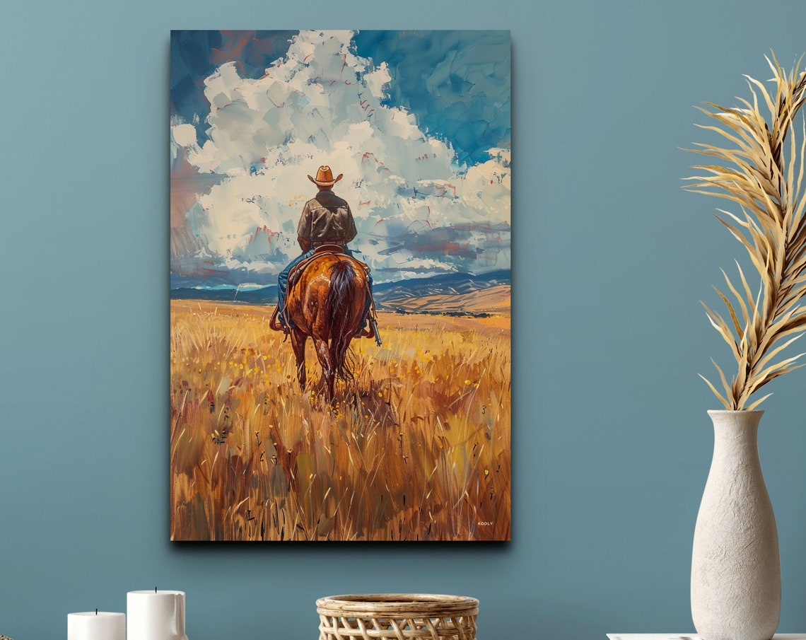 Cowboy Riding Horse Into Golden Horizon Under Dramatic Clouds Poster