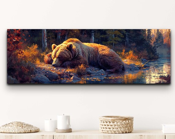 Sleeping Brown Bear by Autumn River in Golden Light Wall Art