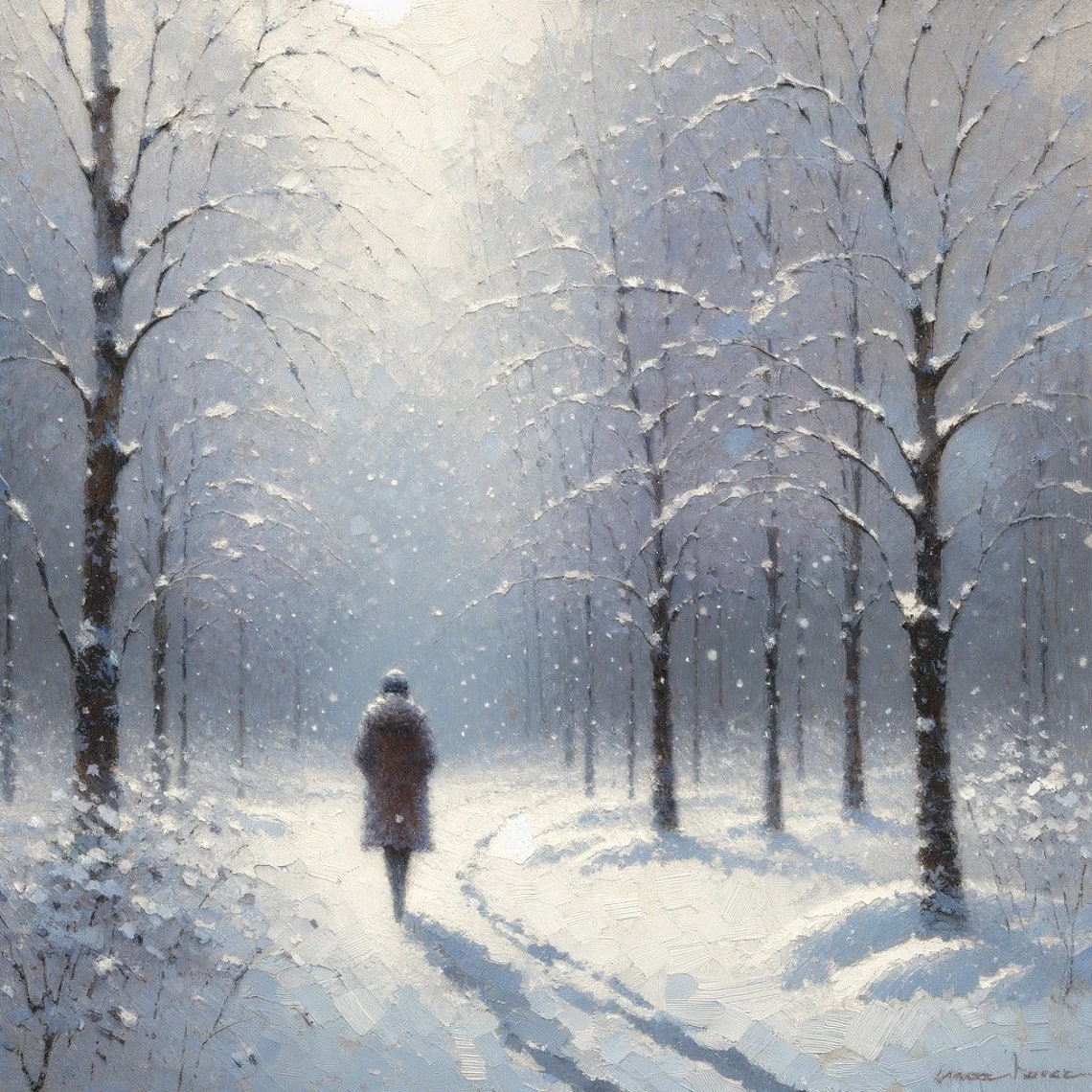 Snowy Winter Forest Path Lone Figure Oil Painting Landscape Poster