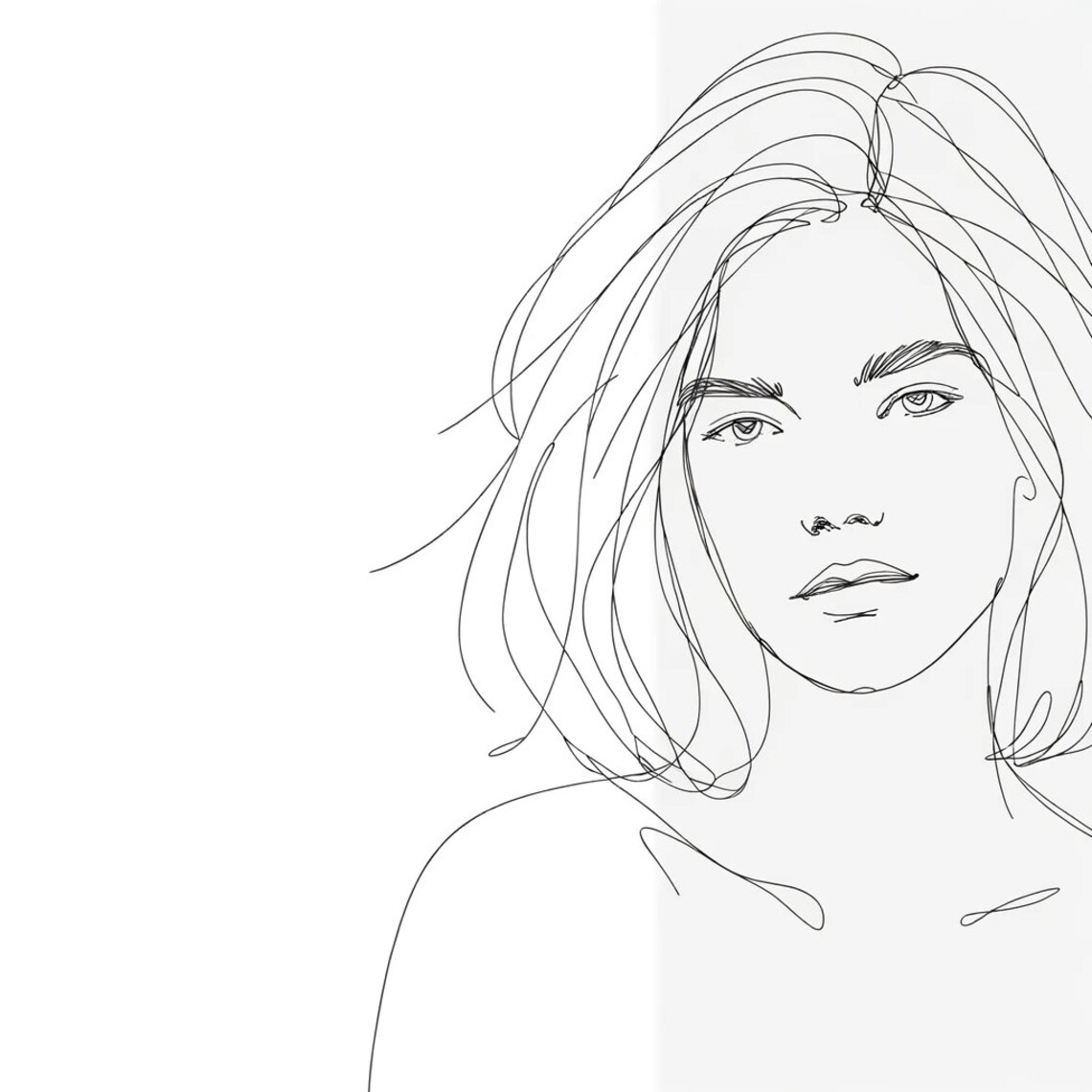 Minimalist Woman Face Line Drawing with Flowing Hair Art Poster