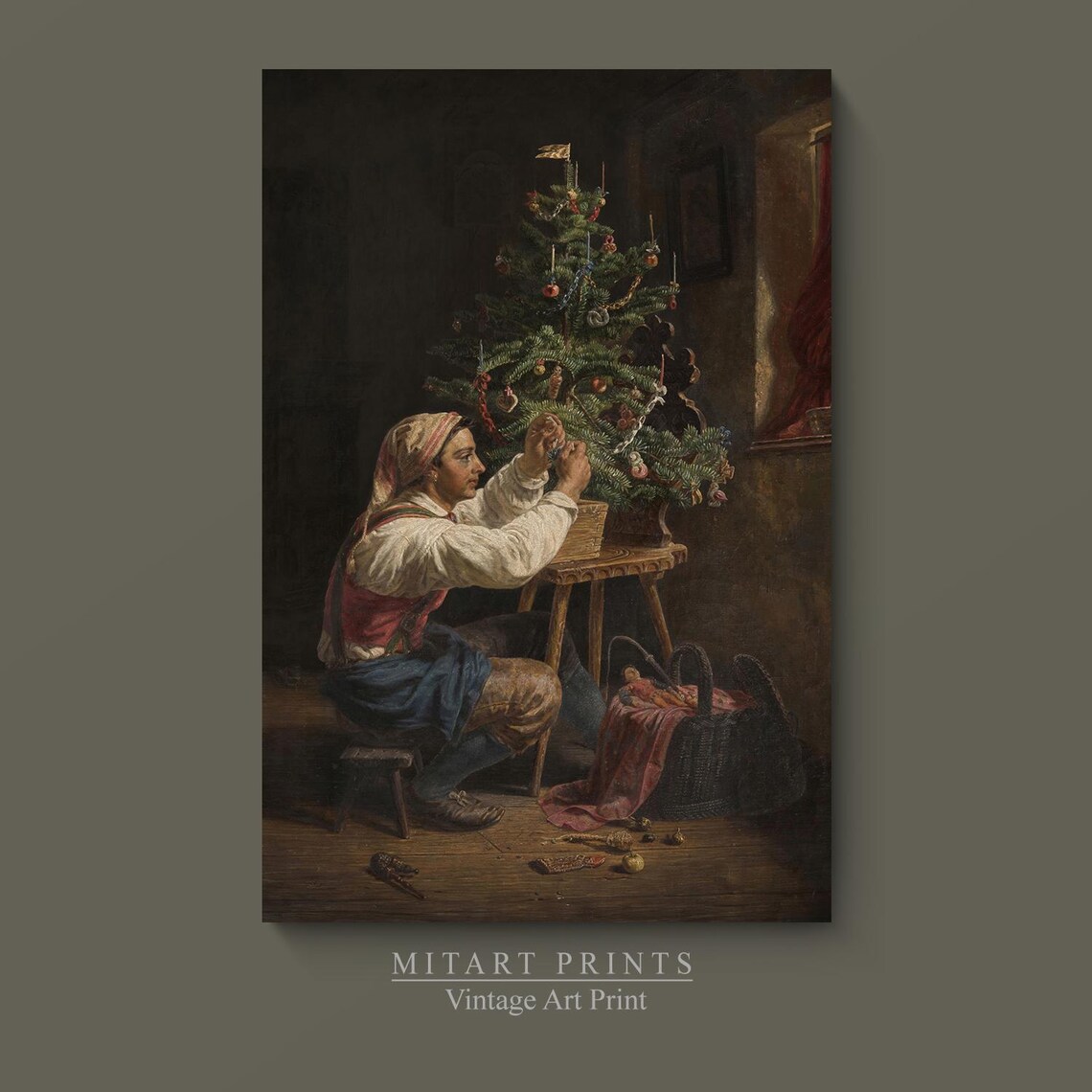 Woman Decorating Christmas Tree Vintage Oil Painting Holiday Art Print - Image 4