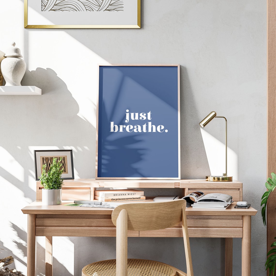 Just Breathe Quote Poster Navy Blue Minimalist Yoga Meditation Decor - Image 2