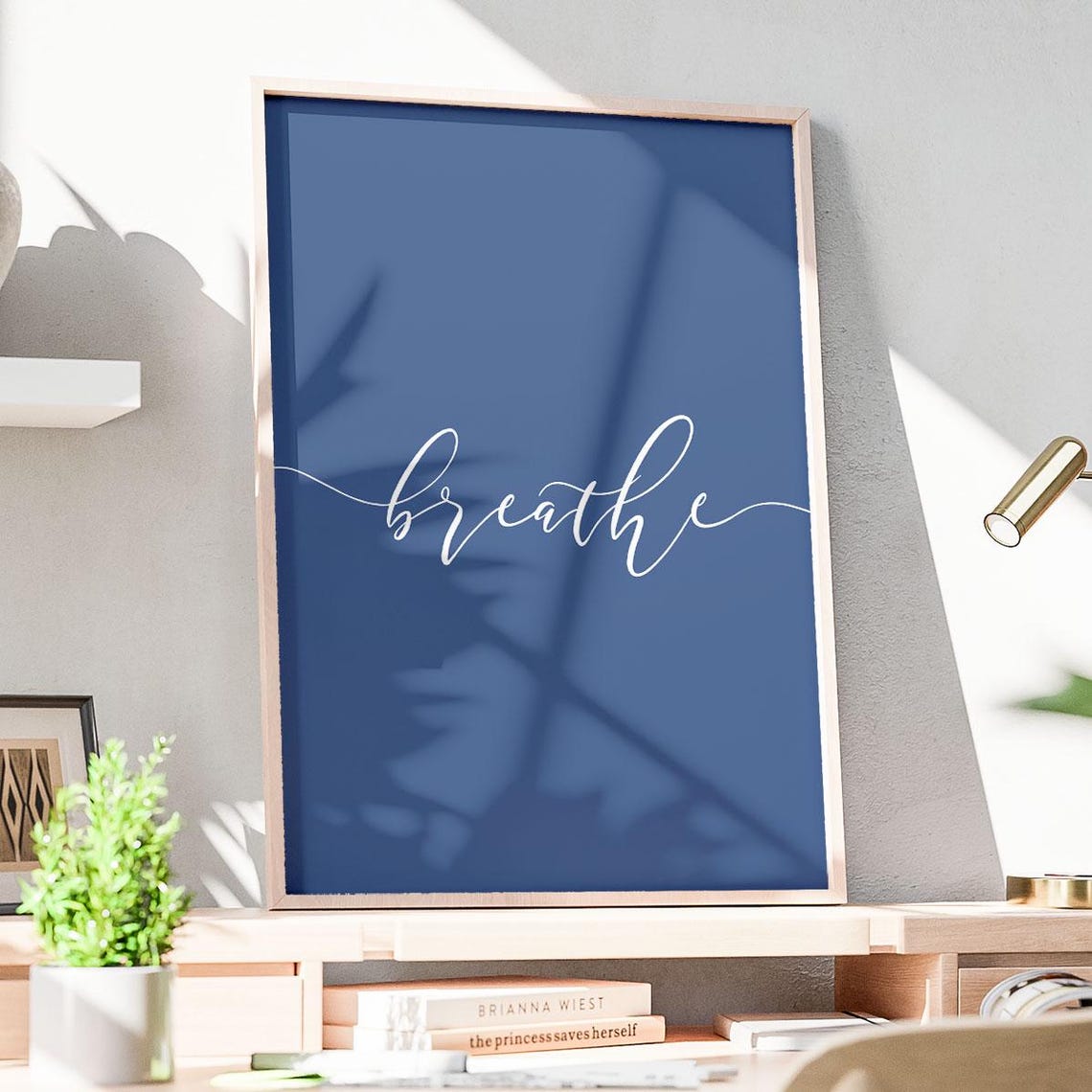 Breathe White Script Navy Blue Meditation Yoga Calm Mindfulness Poster - Image 3