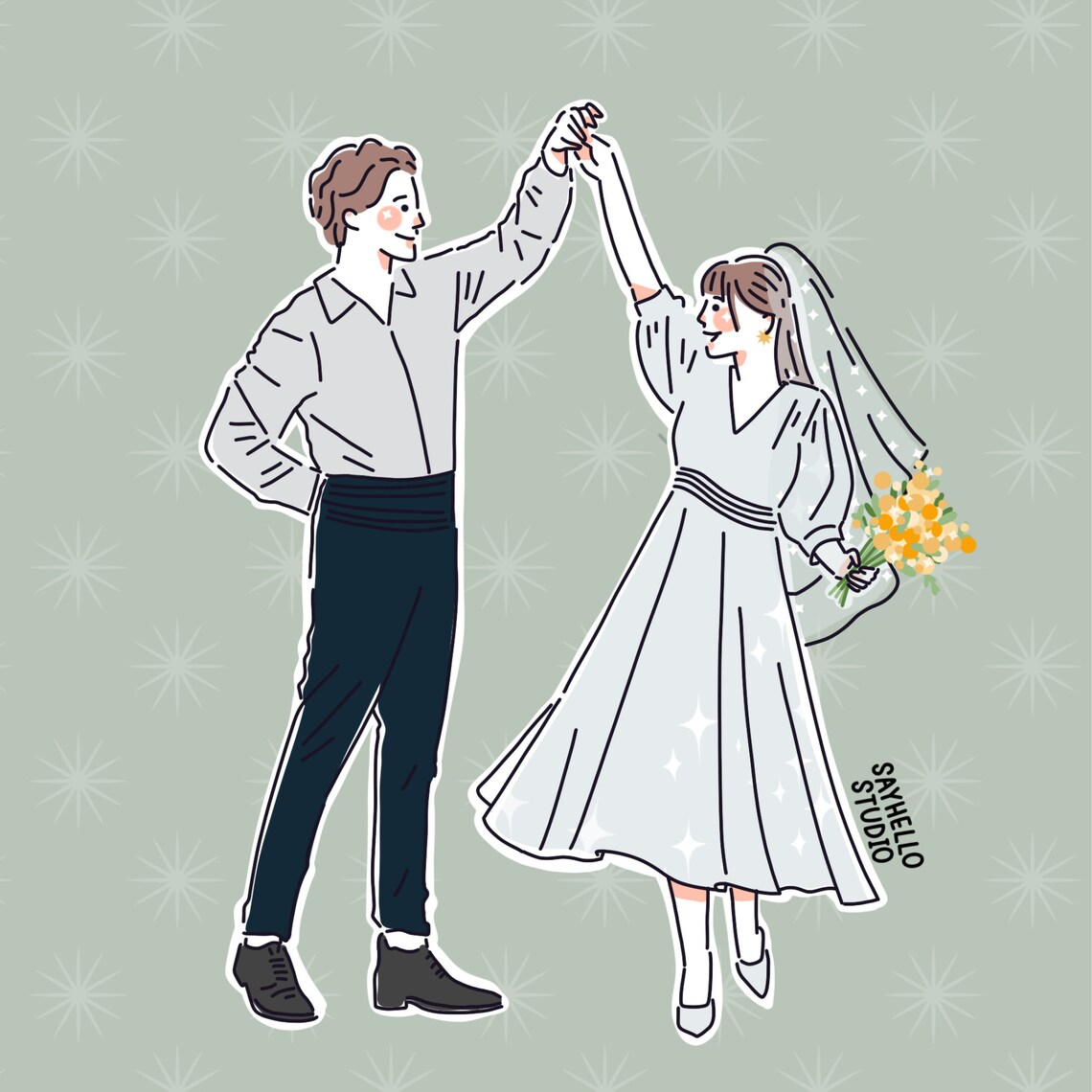 Wedding Couple in Suit and Gown Cartoon Portrait with Bouquet Poster - Image 3