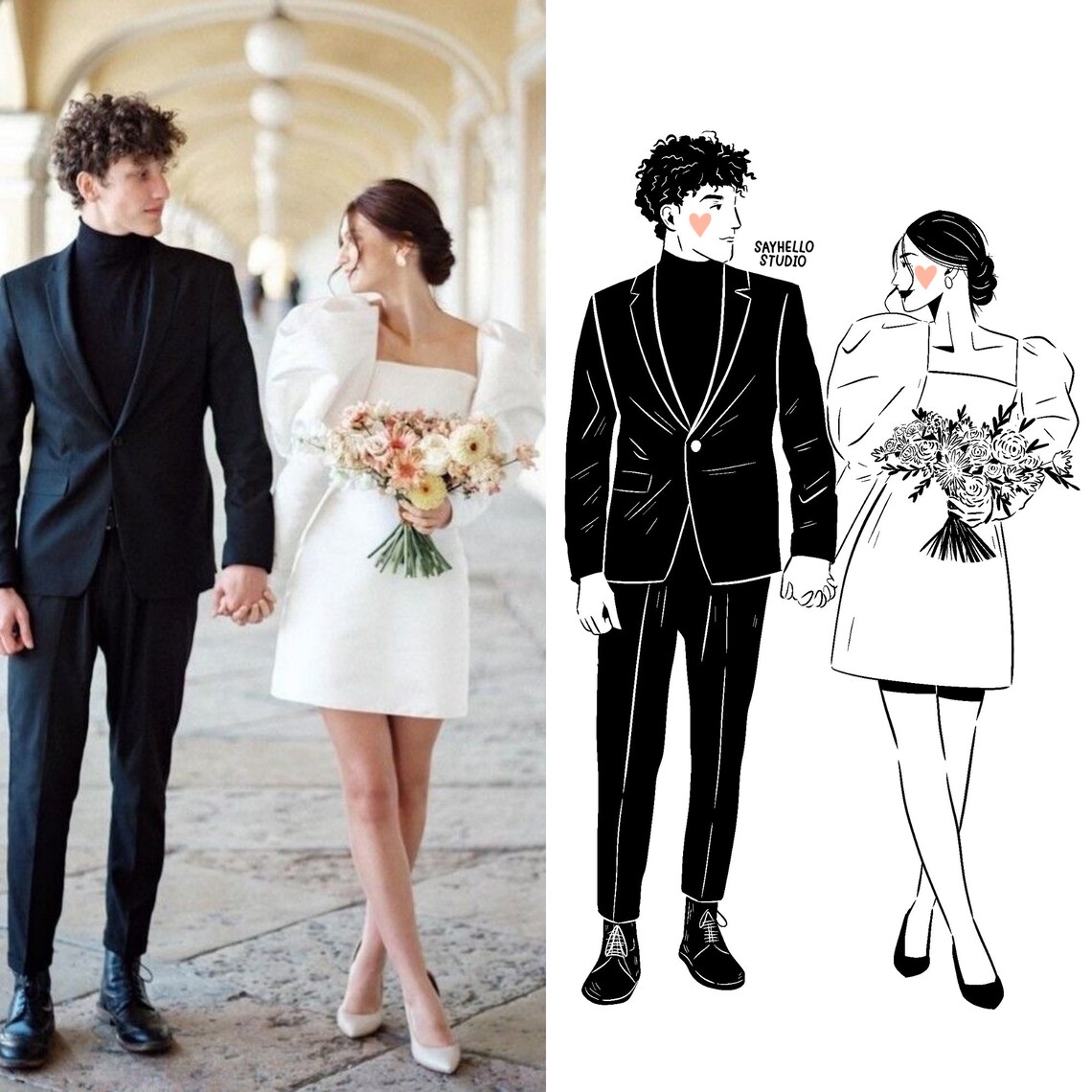 Elegant Couple in Blazers Holding Hands Black and White Line Poster - Image 3