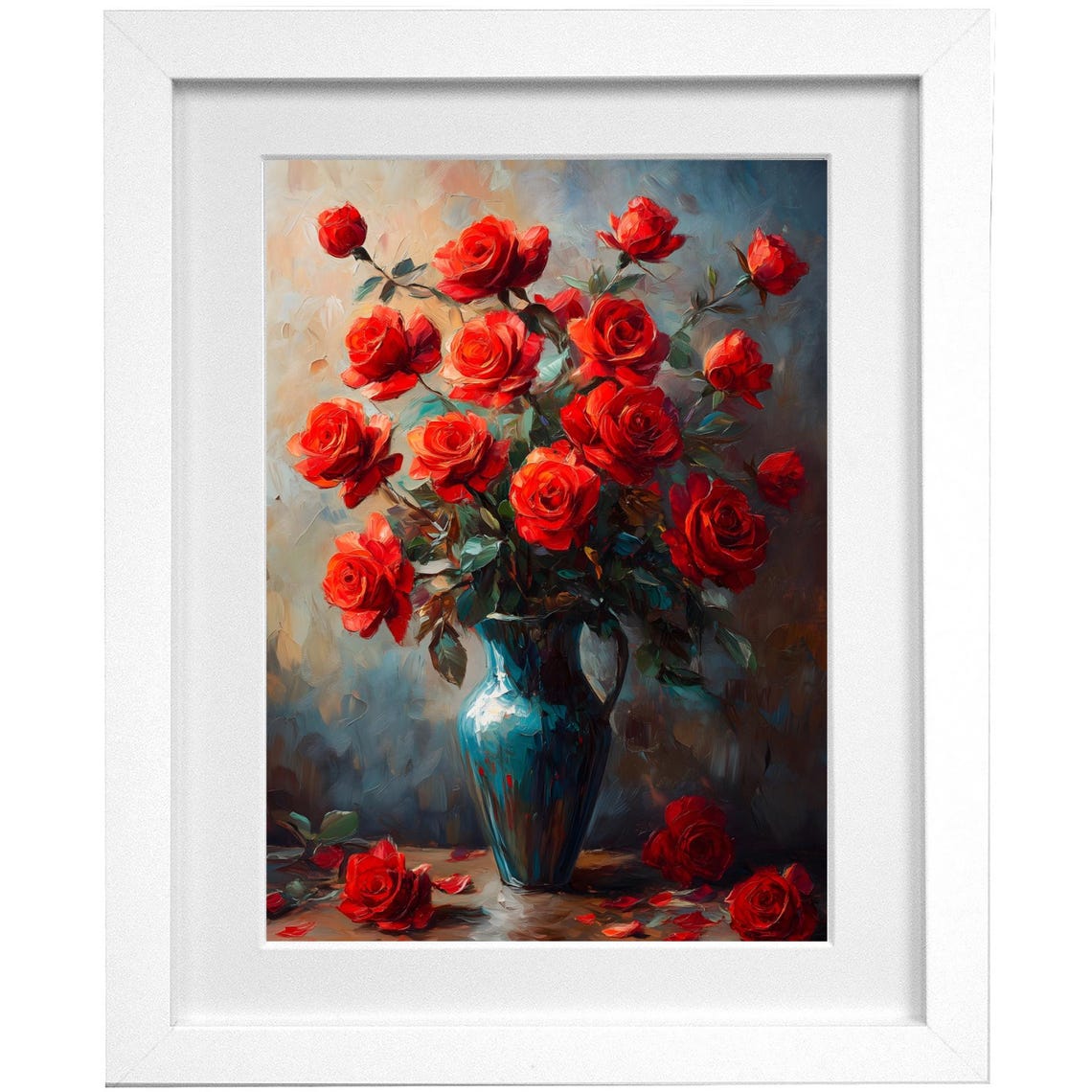 Romantic Red Roses Bouquet Blue Ceramic Pitcher Oil Painting Wall Art
