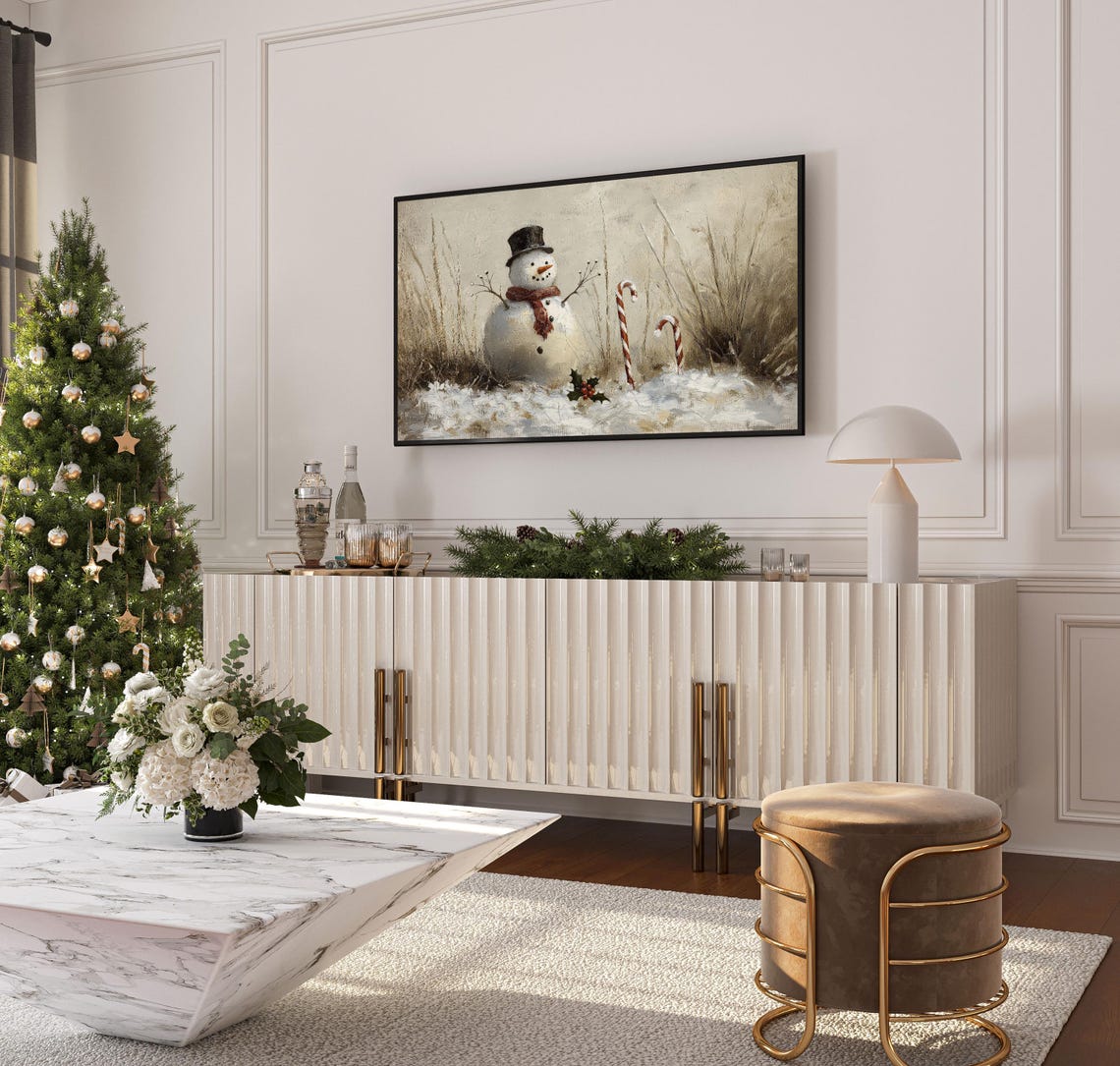 Rustic Snowman with Candy Canes Winter Watercolor Art Poster - Image 4