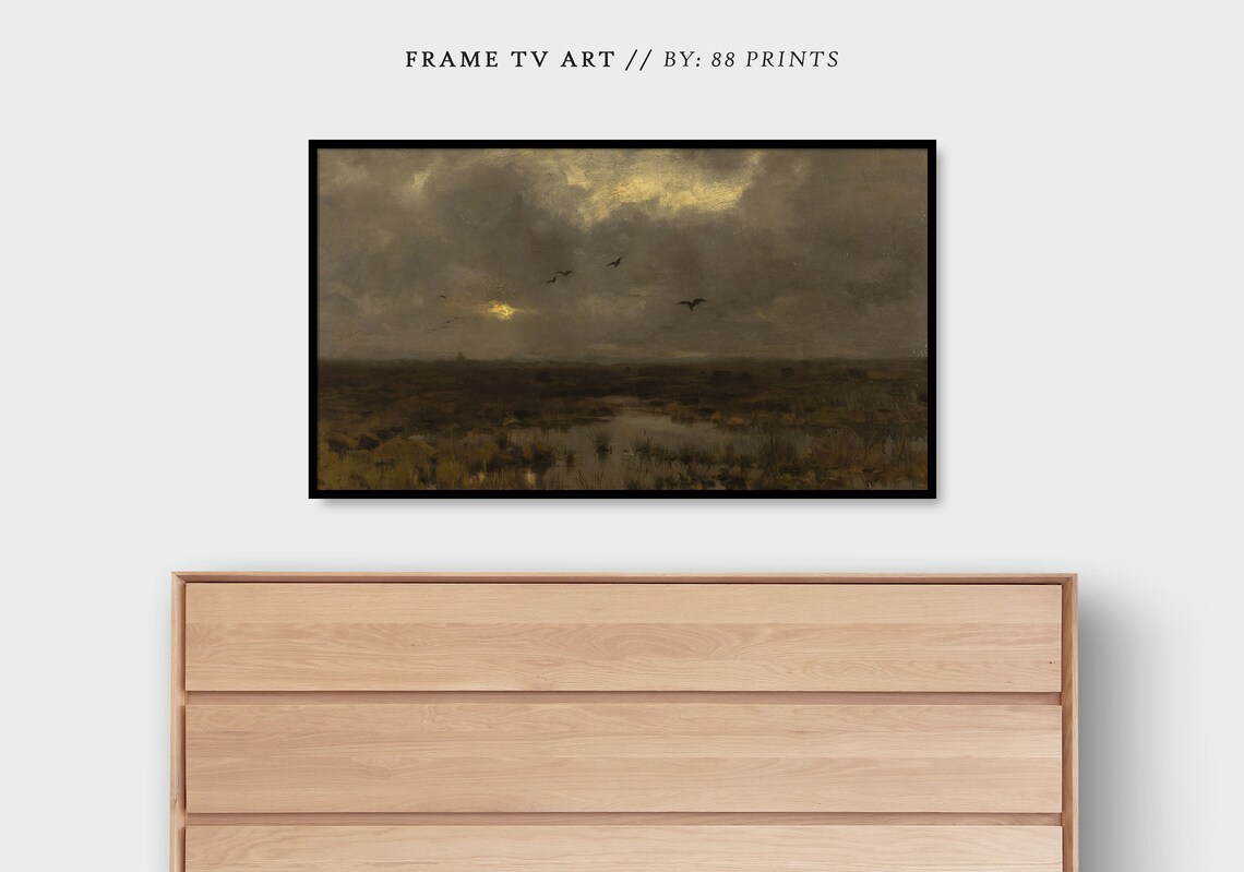 Moody Dark Marsh Vintage Oil Painting Sunset Landscape Poster Art - Image 2