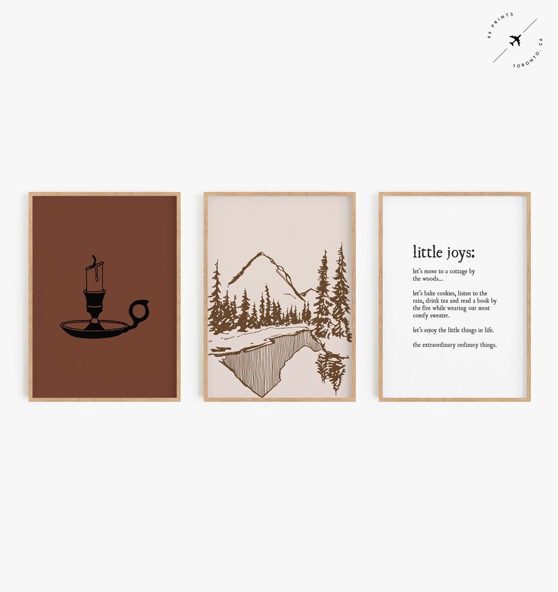 Mountain Lake Pine Forest Line Drawing Brown Beige Nature Art Print - Image 3