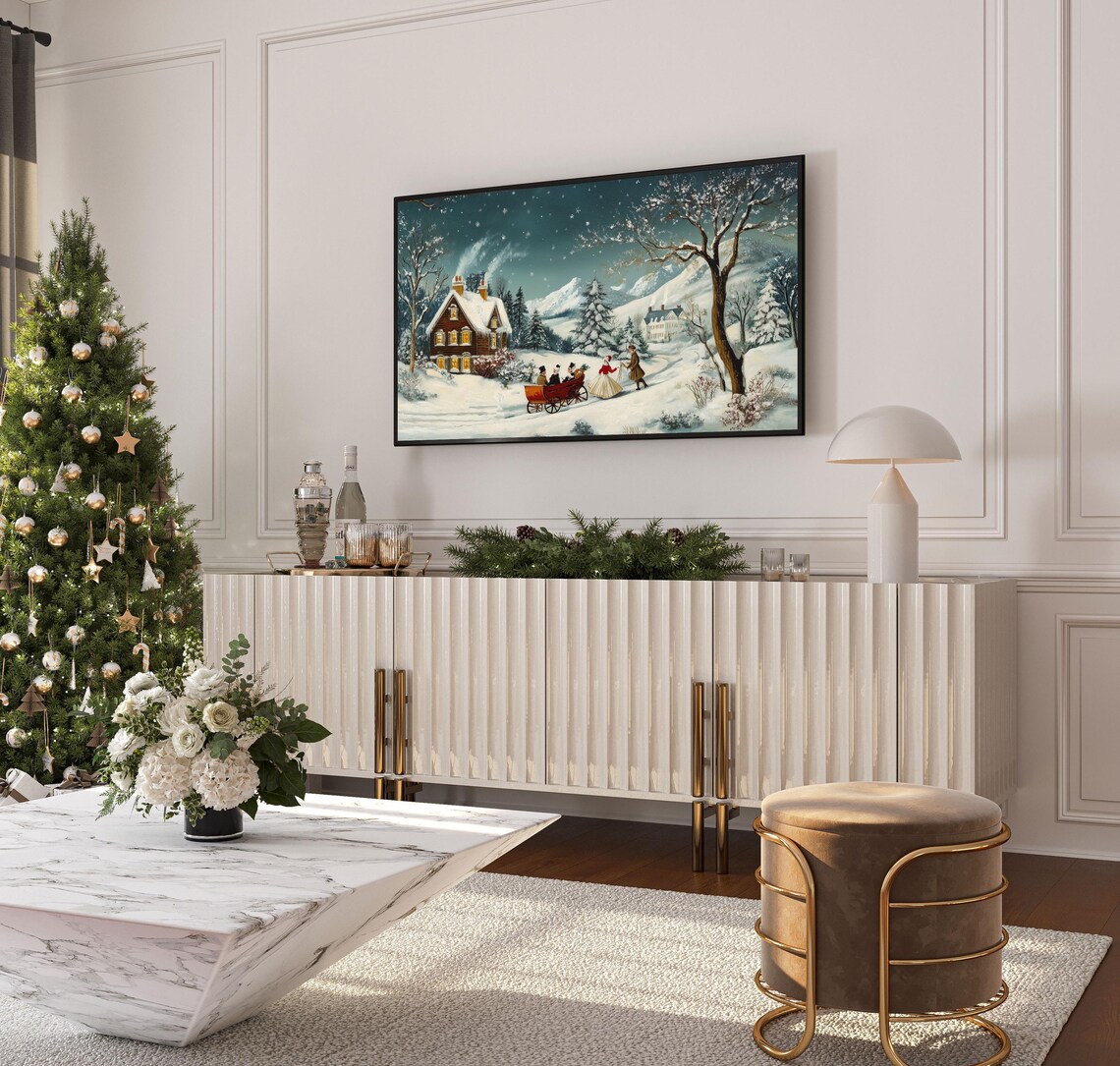 Vintage Christmas Village Sleigh Scene Snowy Night Art Poster - Image 4