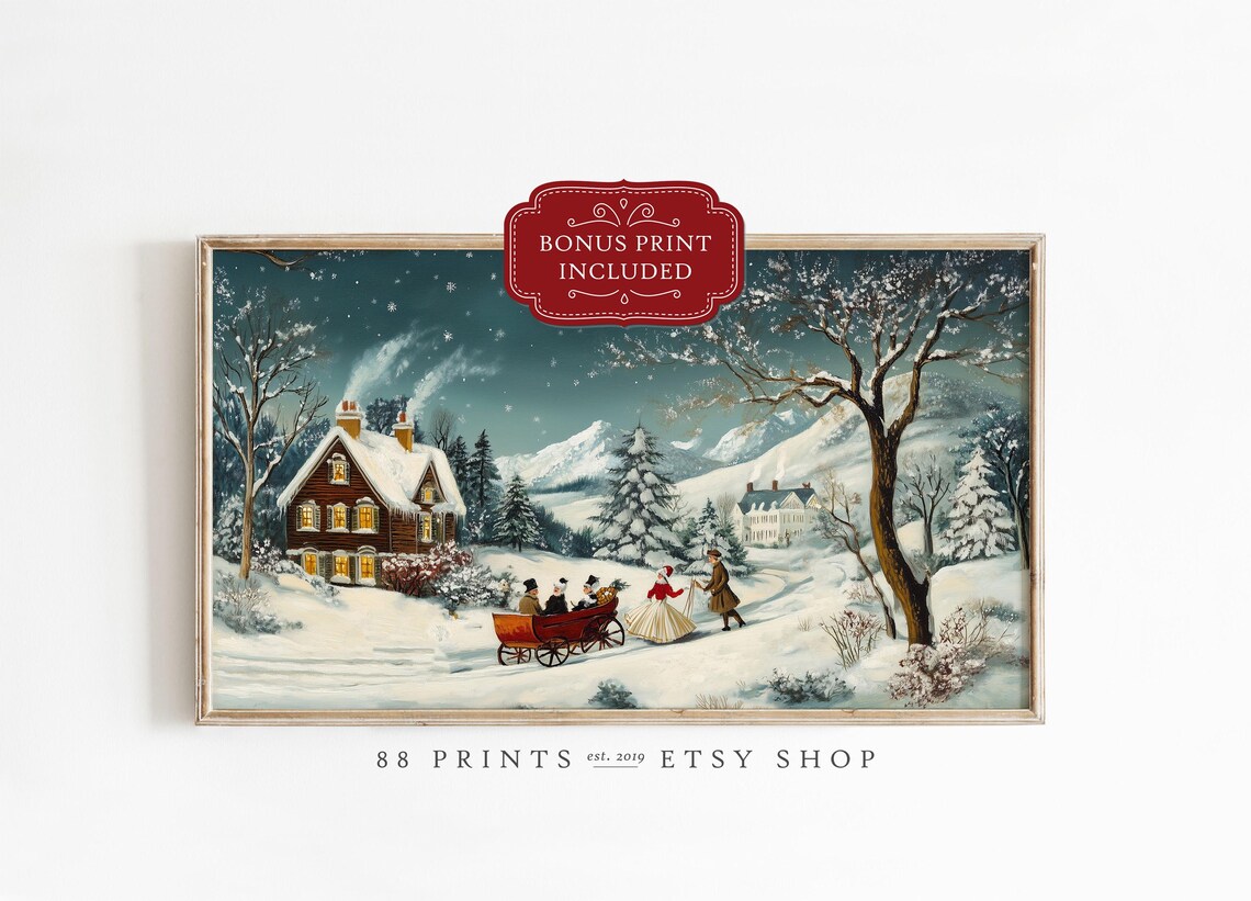 Vintage Christmas Village Sleigh Scene Snowy Night Art Poster