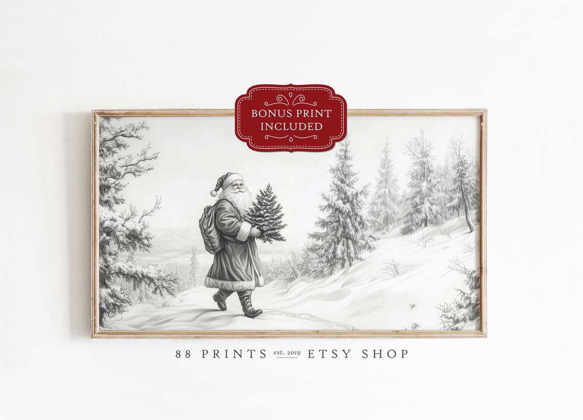 Santa Claus Carrying Christmas Tree Through Snow Vintage Sketch Poster