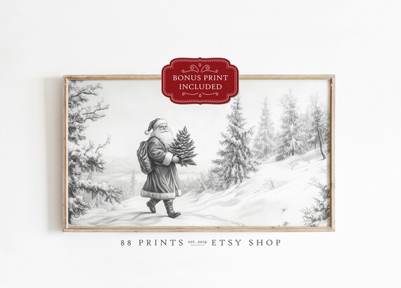 Santa Claus Carrying Christmas Tree Through Snow Vintage Sketch Poster