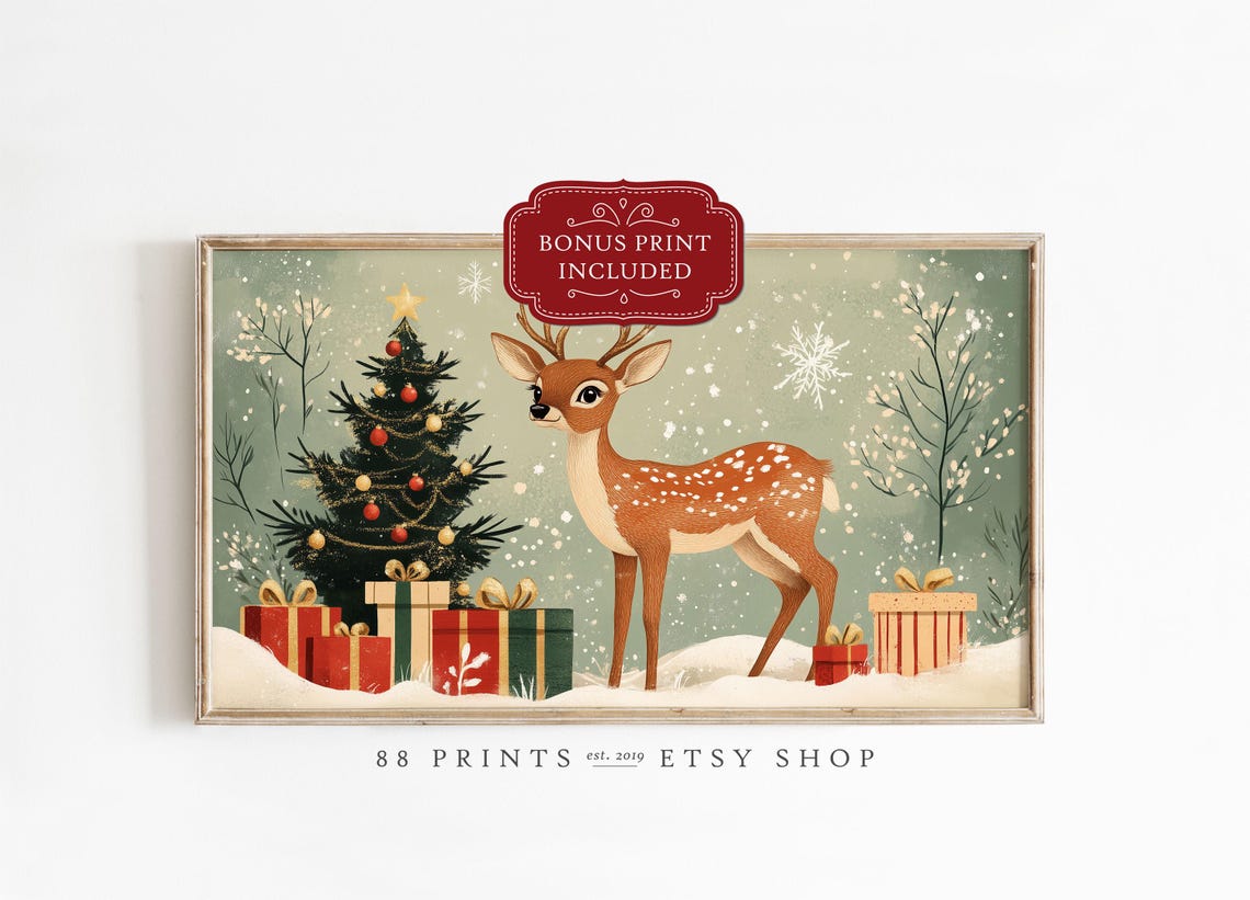 Vintage Christmas Deer With Tree And Gifts Snowy Scene Art Poster