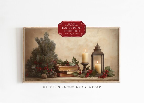 Cozy Christmas Candle Lantern Still Life Vintage Holiday Poster
