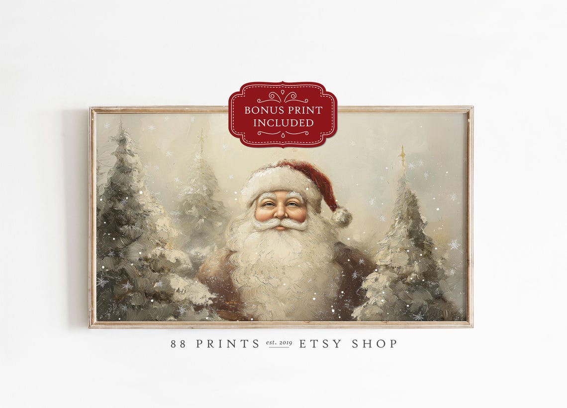 Vintage Santa Claus Portrait Snowy Pine Christmas Painting Poster